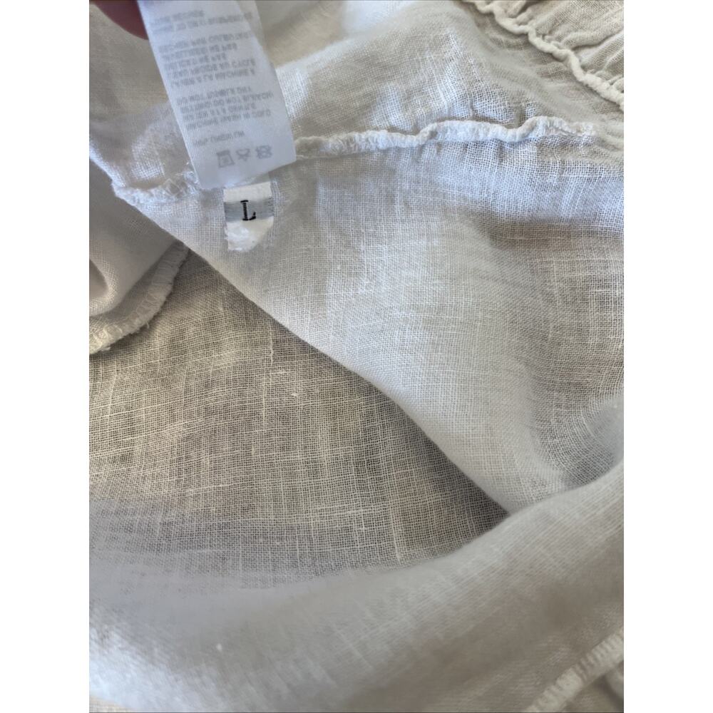 Saks Fifth Avenue L 100% Linen White Dress Button Down Tiered Ruffle Pocket Boho - Picture 11 of 11